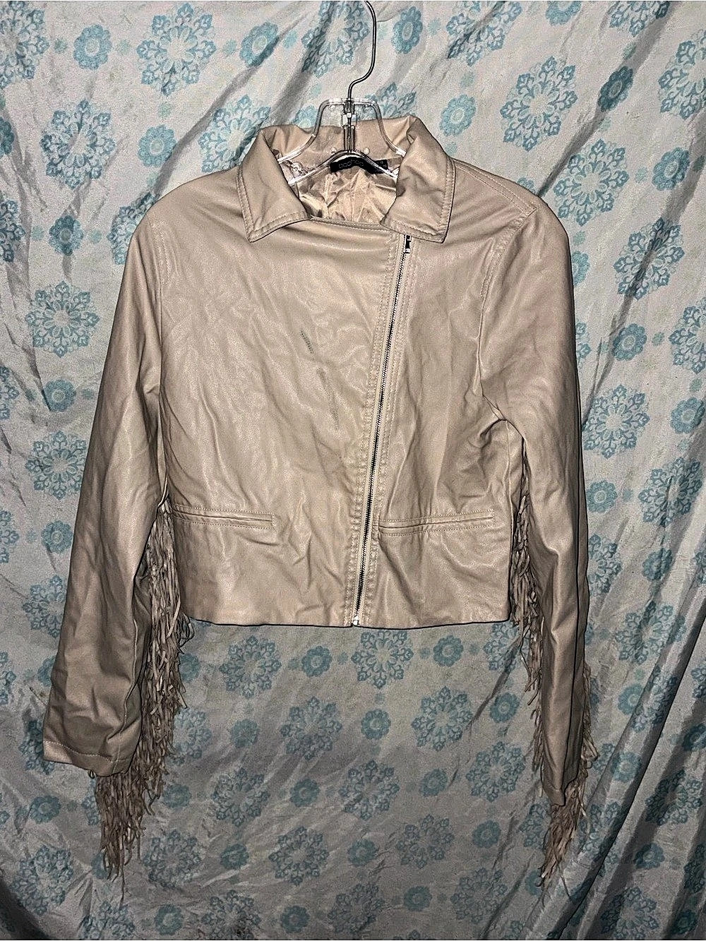 boohoo Fringe Detail Faux Leather Biker Jacket Beige size 6
